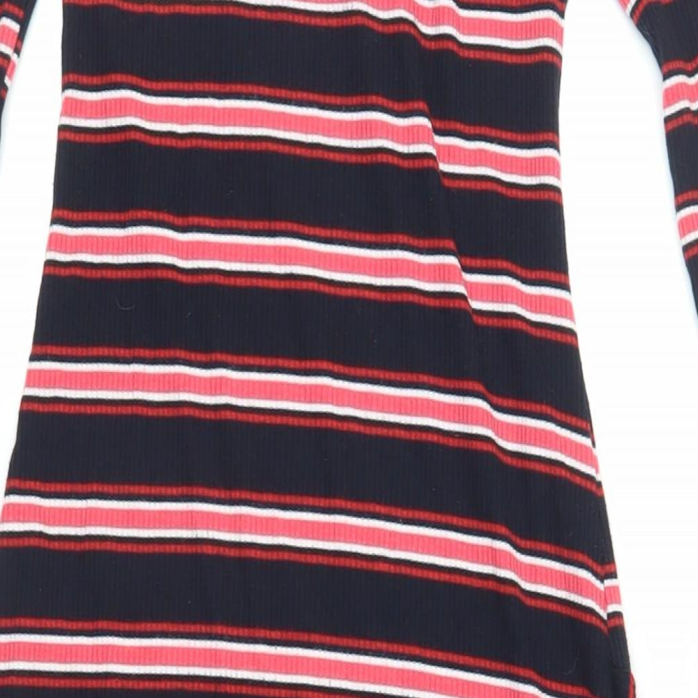 Stradivarius Womens Black Striped Cotton T-Shirt Dress Size L Crew Neck Pullover - Ribbed