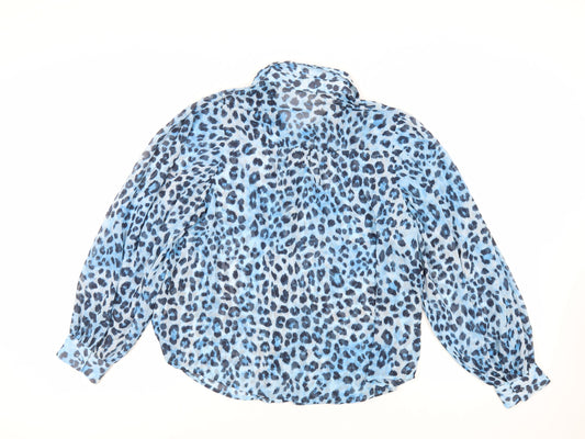 Axara Womens Blue Animal Print Polyester Basic Button-Up Size S Collared - Sheer