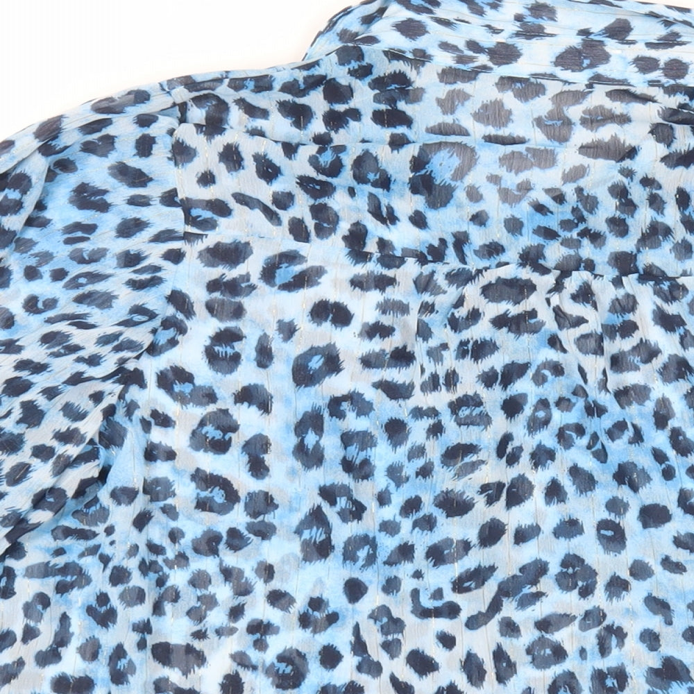 Axara Womens Blue Animal Print Polyester Basic Button-Up Size S Collared - Sheer