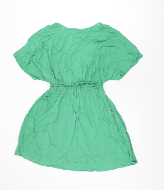 Marks and Spencer Womens Green Viscose Skater Dress Size 14 V-Neck Tie