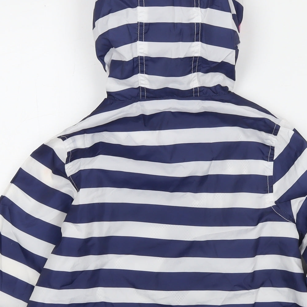 Brand and care label for Marks & Spencer girls’ blue striped rain coat jacket, size 4-5, years zip