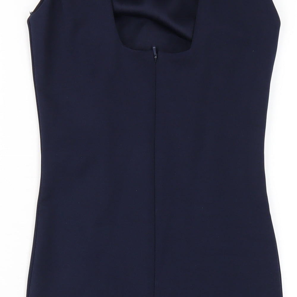 Brand and care label for Miss Selfridge women’s blue polyester bodycon, size UK 8, round neck zip