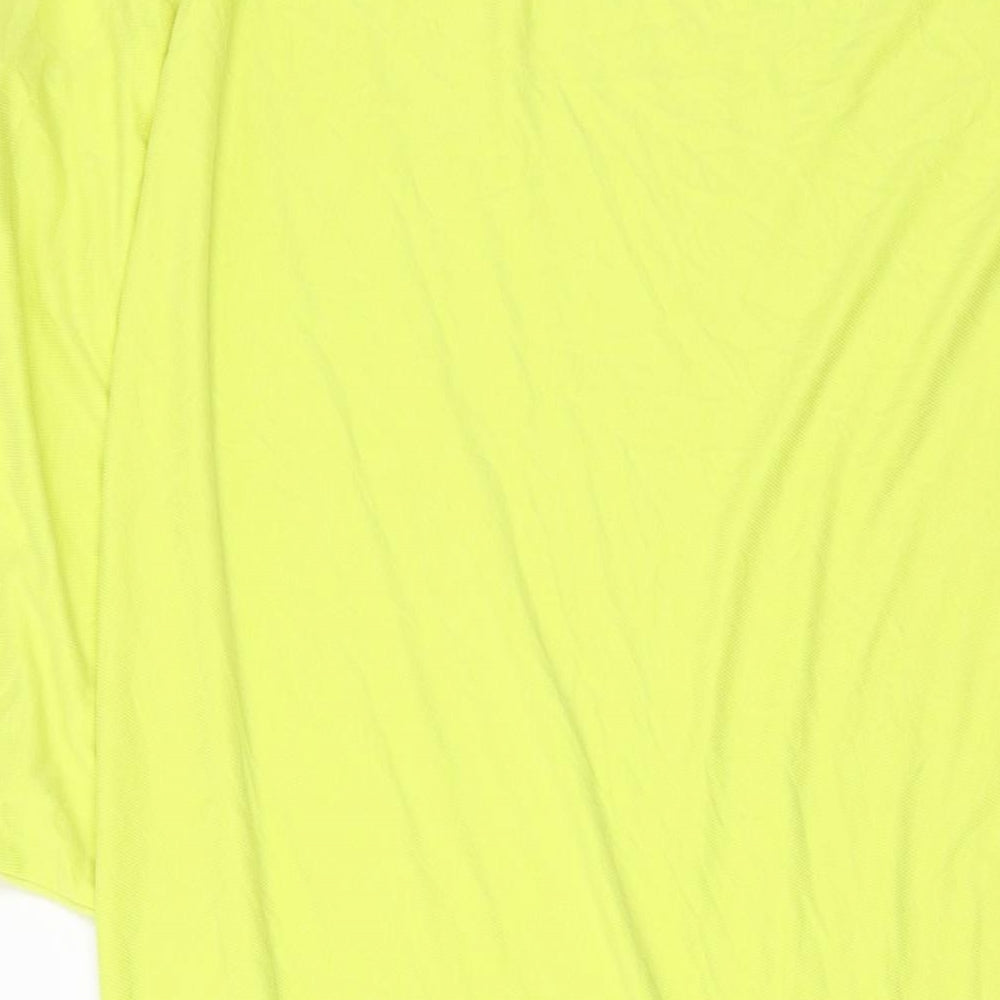 Brand and care label for BCBGMAXAZRIA women’s yellow modal tunic blouse, size S, round neck