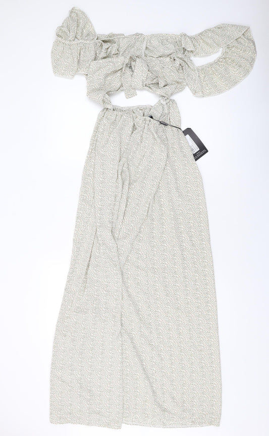 PRETTYLITTLETHING Womens Beige Floral Polyester Maxi Size 16 V-Neck Tie