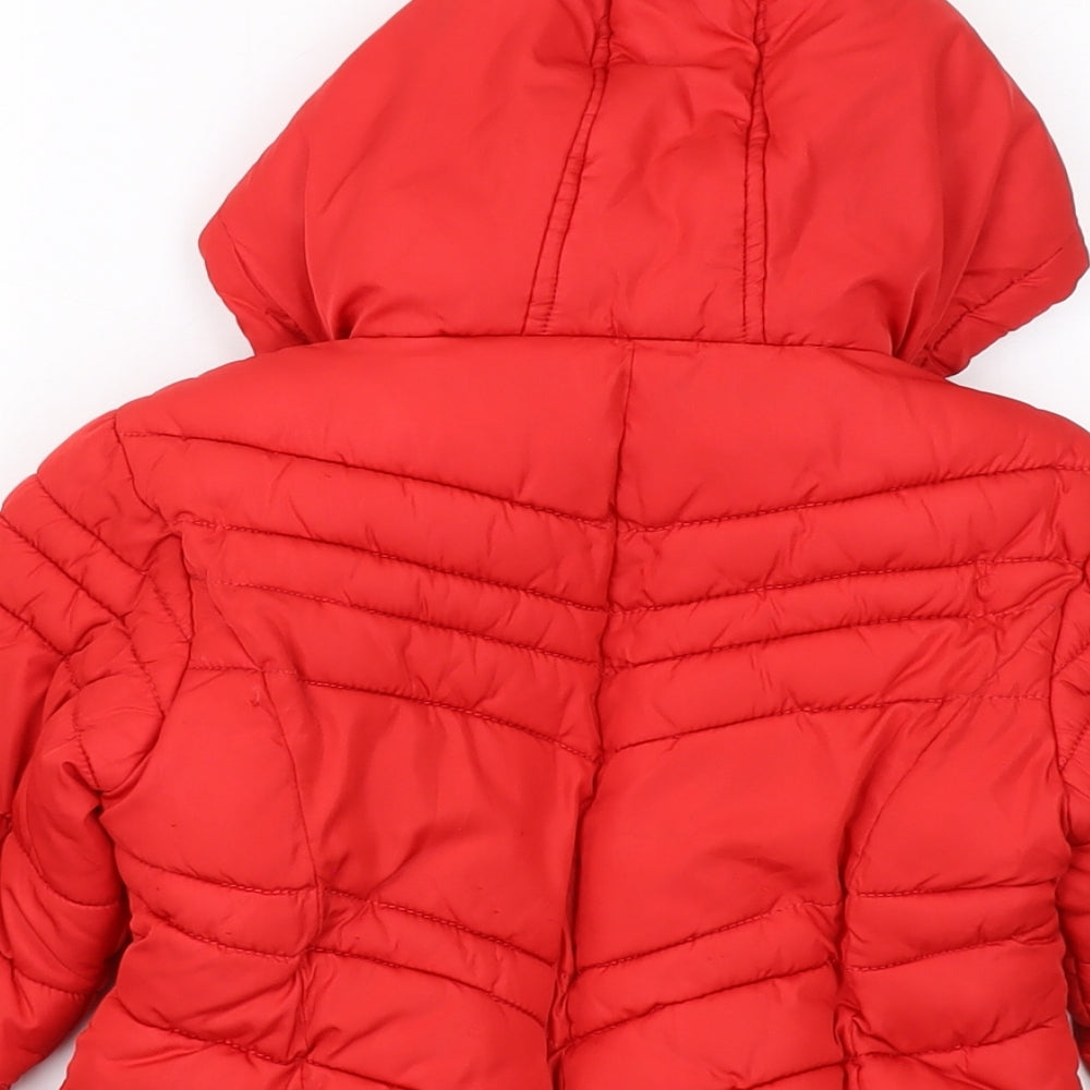 Brand and care label for Next girls’ red jacket, size 5, years zip