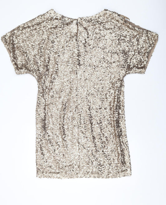 Fashions Womens Gold Polyester Mini Size 10 Round Neck Button