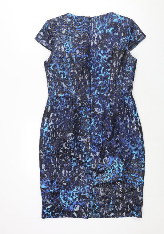 Precis Womens Blue Polyester Shift Size 12 Round Neck Zip - Leopard Print