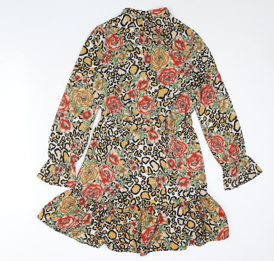 IVIVI Womens Multicoloured Geometric Polyester Shift Size S Round Neck Button - Frill Tie Floral Leopard Print