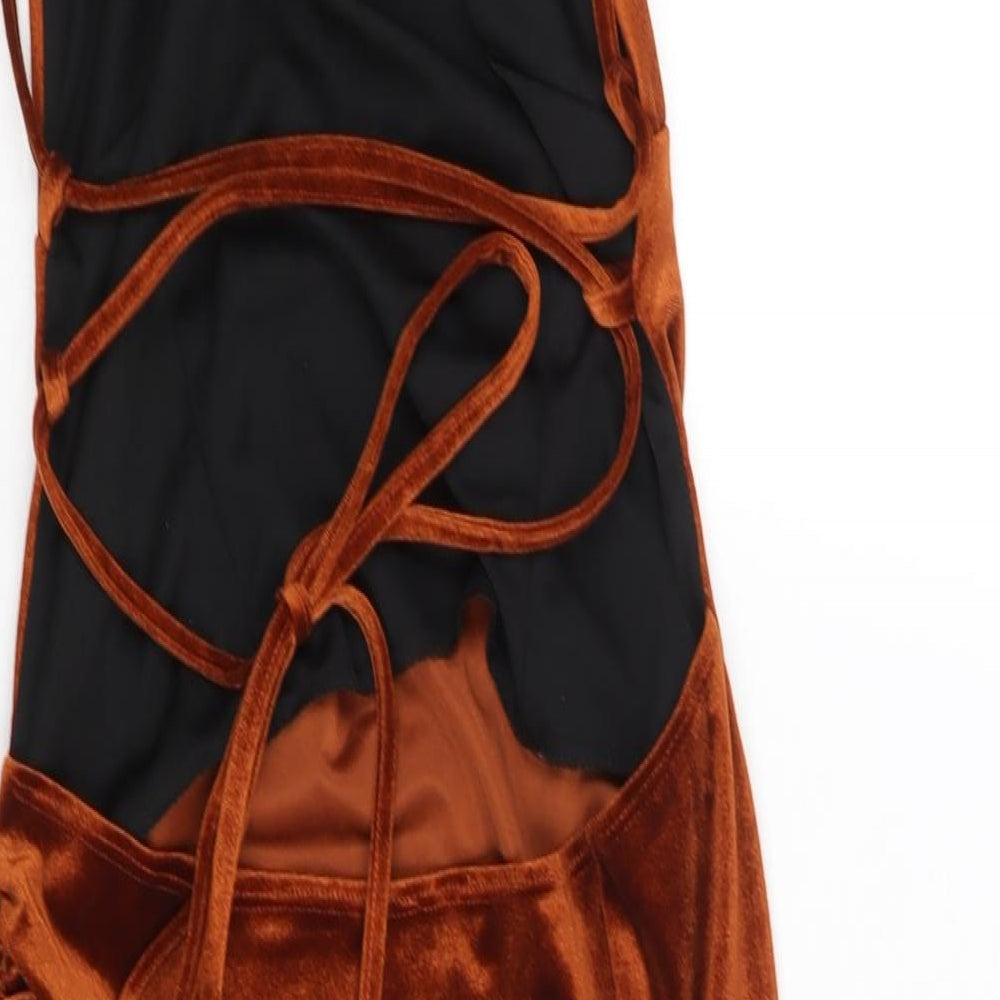 Brand and care label for ASOS women’s brown polyester shift, size UK 12, sweetheart lace up - rouched
