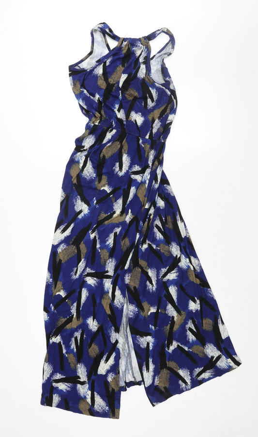 Bobeau Womens Blue Geometric Viscose Tank Dress Size 6 Round Neck Pullover - Drawstring Waist