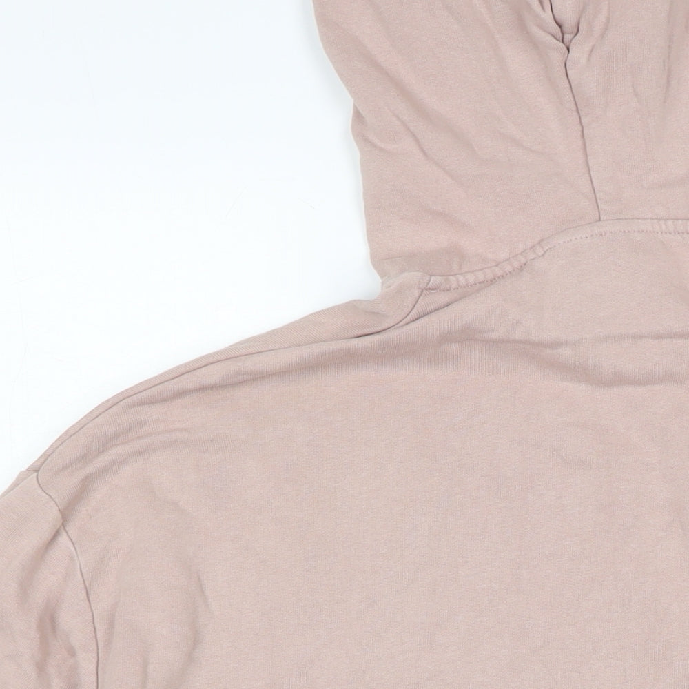 Brand and care label for ASOS women’s pink cotton pullover hoodie, size M