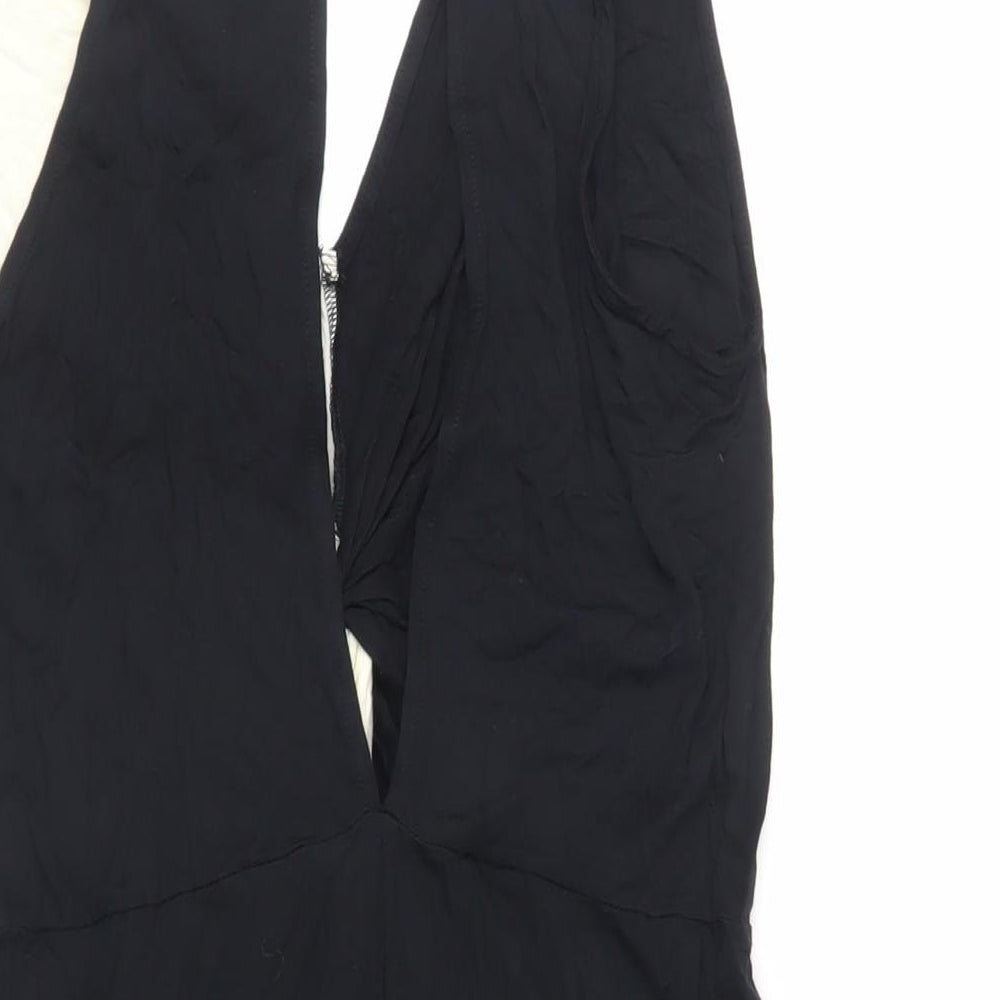 Brand and care label for ASOS women’s black colourblock viscose bodycon, size UK 10, v-neck button - cut out back detail