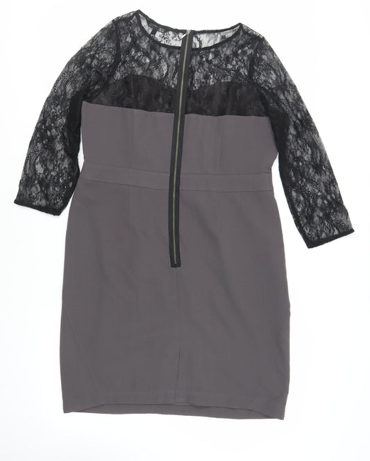 Marks and Spencer Womens Grey Polyester Pencil Dress Size 16 Round Neck Zip - Lace Sleeve