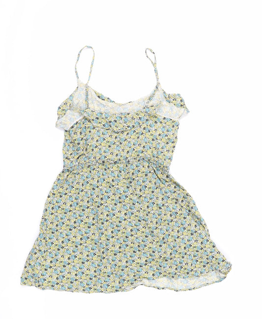 H&M Womens Green Floral Viscose Mini Size 8 Round Neck - Adjustable Waist