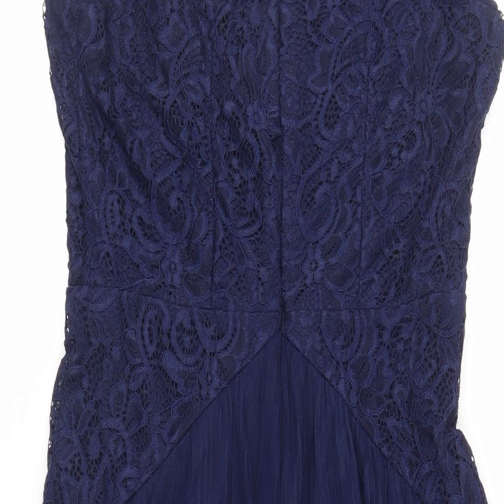 Brand and care label for ASOS women’s blue polyester a-line, size UK 10, v-neck zip - lace detail