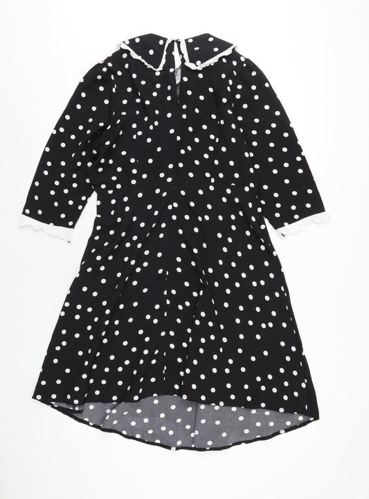 New Look Womens Black Polka Dot Polyester A-Line Size 12 Collared Zip