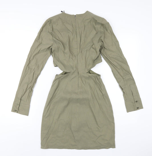 Zara Womens Green Polyester A-Line Size M V-Neck Zip