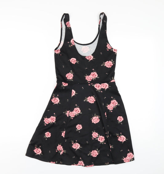 H&M Womens Black Floral Polyester A-Line Size 8 Scoop Neck Pullover