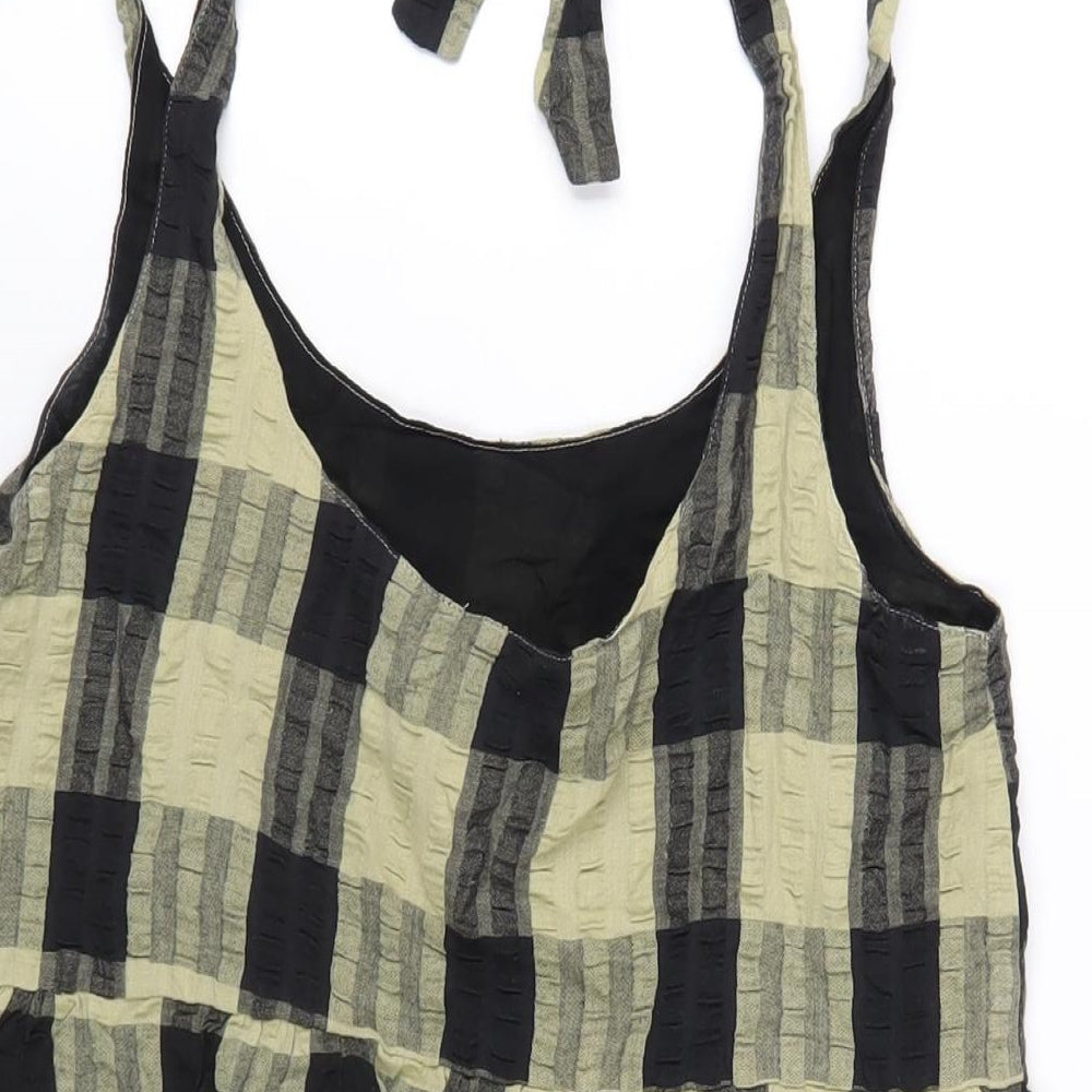 Brand and care label for ASOS women’s green check cotton a-line, size UK 6, scoop neck pullover