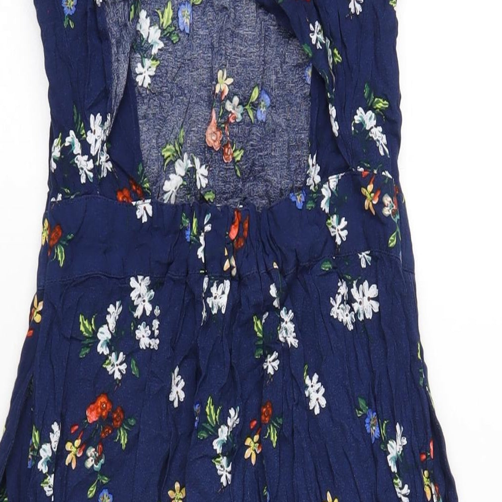 Warehouse Womens Blue Floral Viscose A-Line Size 12 Round Neck Zip
