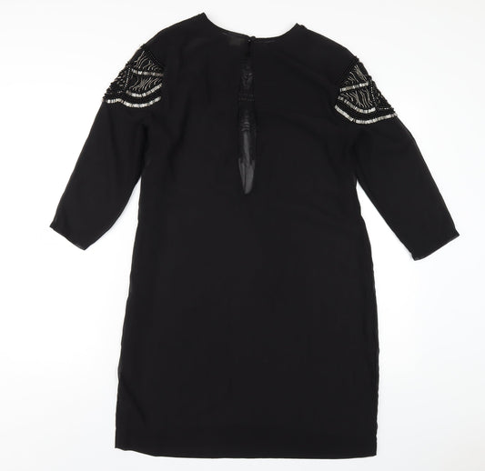 H&M Womens Black Polyester A-Line Size 10 Round Neck Button - Beaded Front
