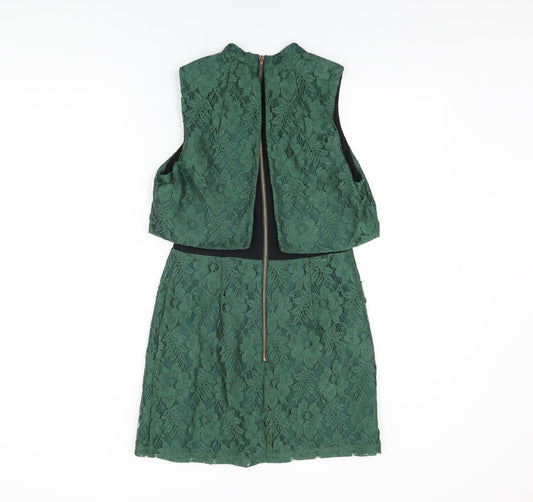 Topshop Womens Green Floral Nylon Mini Size 10 Round Neck Zip