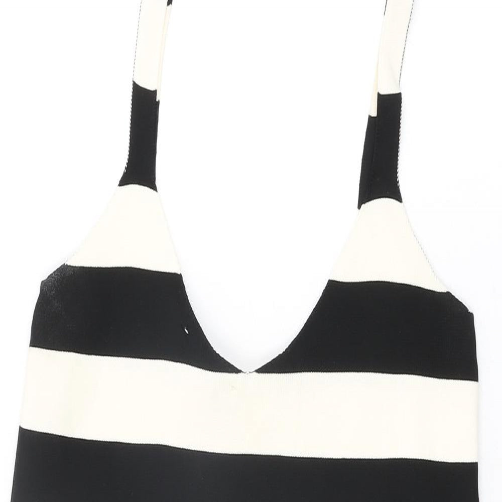 Stradivarius Womens Ivory Striped Polyester Basic T-Shirt Size XS V-Neck