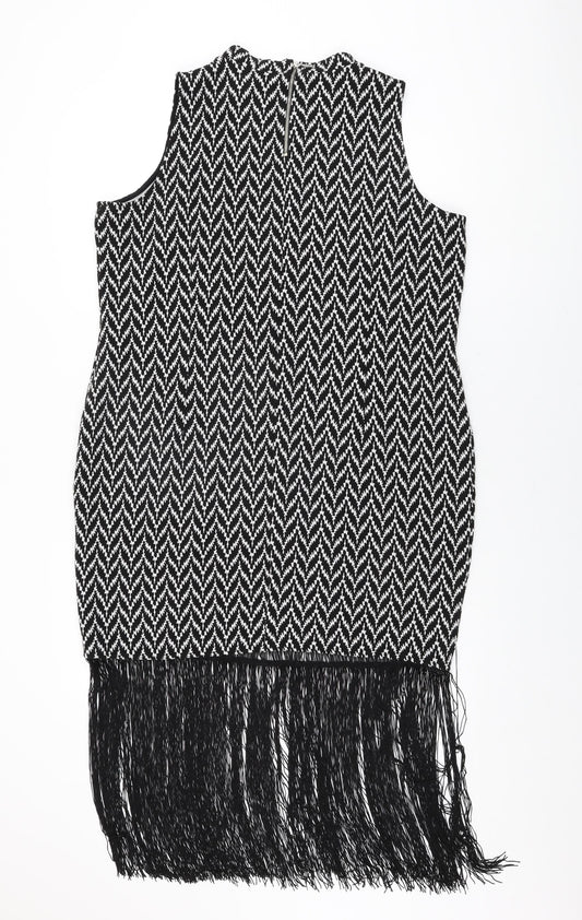 Simply Be Womens Black Geometric Viscose Shift Size 18 Round Neck Zip