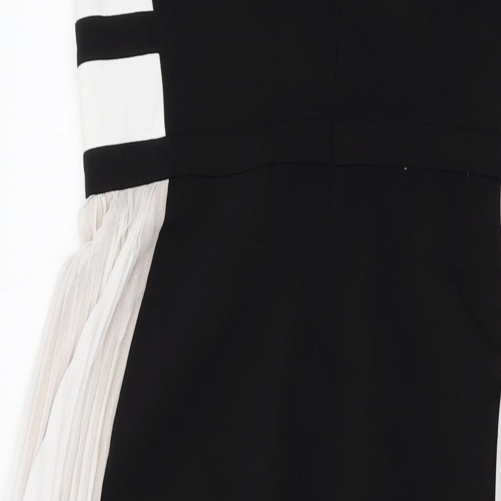 Brand and care label for BCBGMAXAZRIA women’s black polyester a-line, size UK 12, v-neck zip