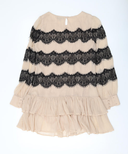 Topshop Womens Beige Polyester A-Line Size 10 Round Neck Button