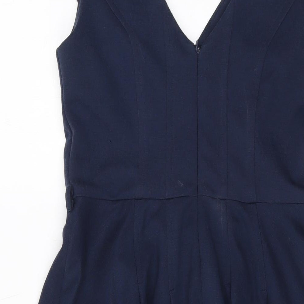 Brand and care label for ASOS women’s blue polyester a-line, size UK 10, v-neck zip