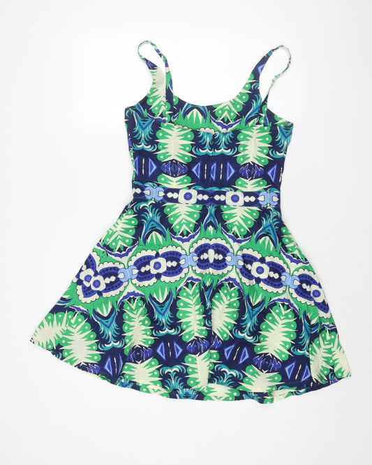 Le Sirenuse Womens Blue Geometric Cotton A-Line Size 14 Scoop Neck Zip