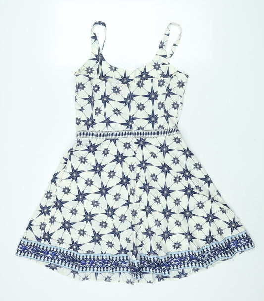 Le Sirenuse Womens Ivory Geometric Cotton A-Line Size 16 Scoop Neck Zip