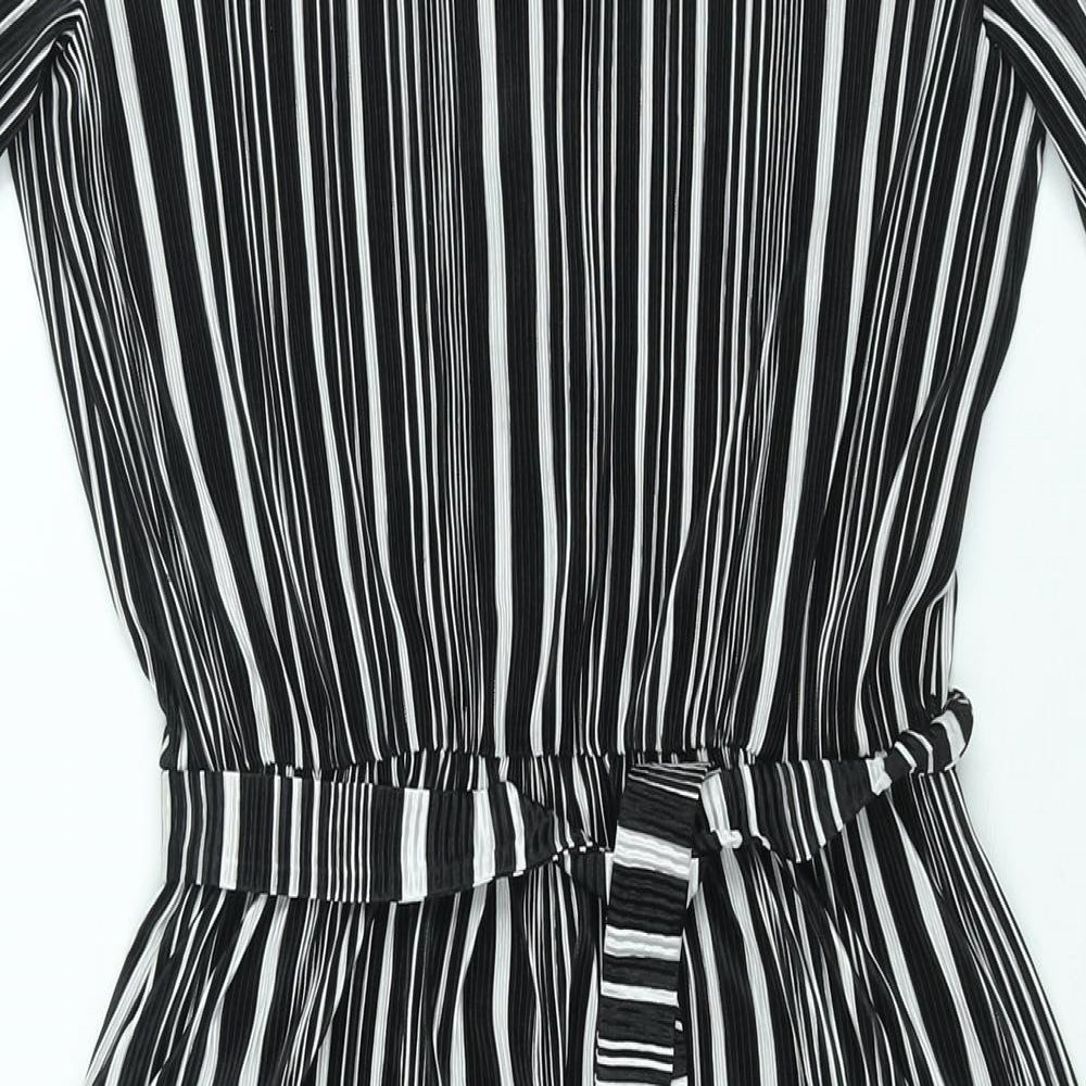 Brand and care label for ASOS women’s black striped polyester shift, size UK 8, v-neck pullover - belted plisse