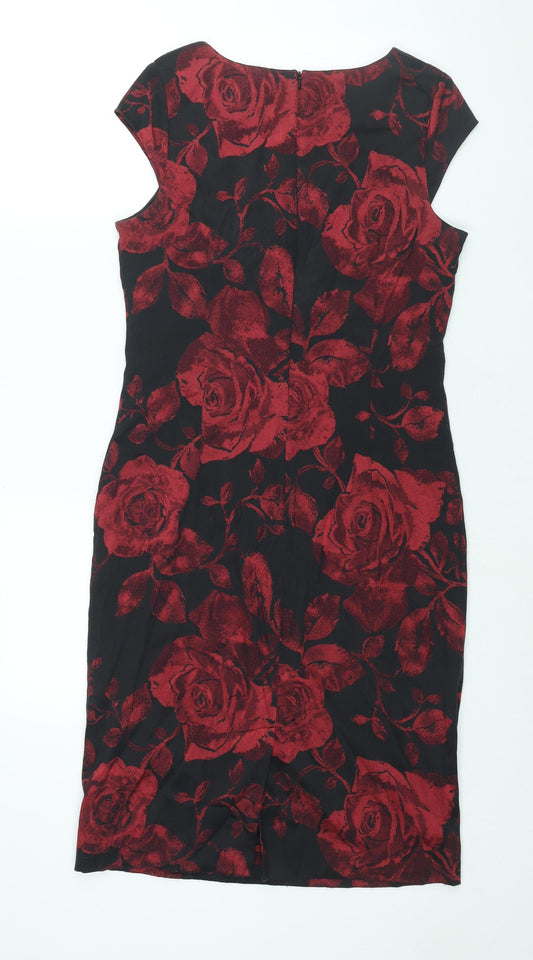 Roman Womens Red Floral Polyester Shift Size 12 V-Neck Zip