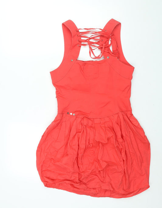 River Island Womens Pink Cotton Shift Size 12 Square Neck Zip - Lace Up Back
