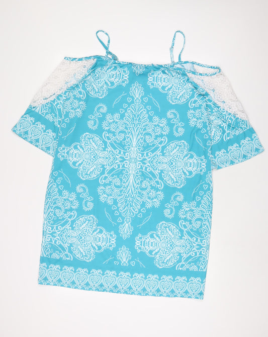 Kaleidoscope Womens Blue Fair Isle Polyester A-Line Size 16 Boat Neck Pullover - Lace