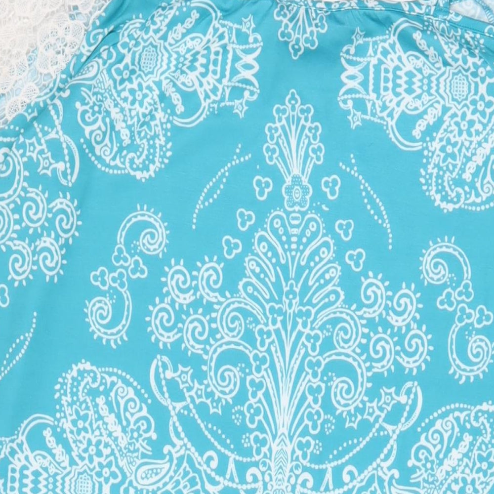 Brand and care label for Kaleidoscope women’s blue fair isle polyester a-line, size UK 16, boat neck pullover - lace