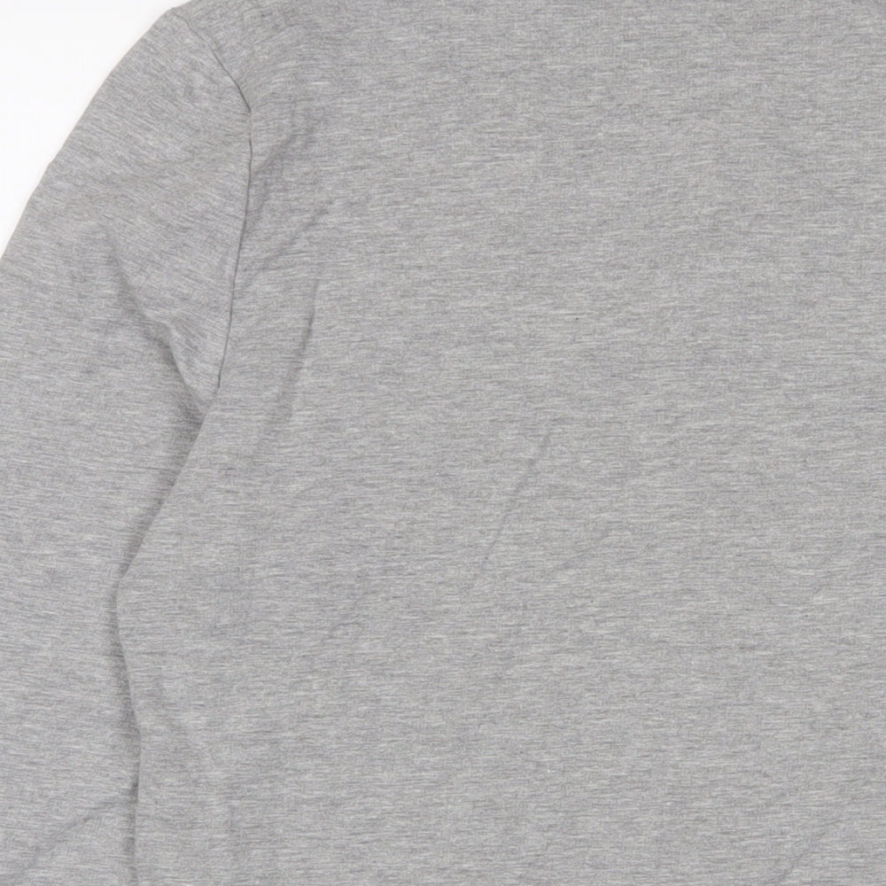 Brand and care label for ASOS men’s grey cotton pullover sweatshirt, size L