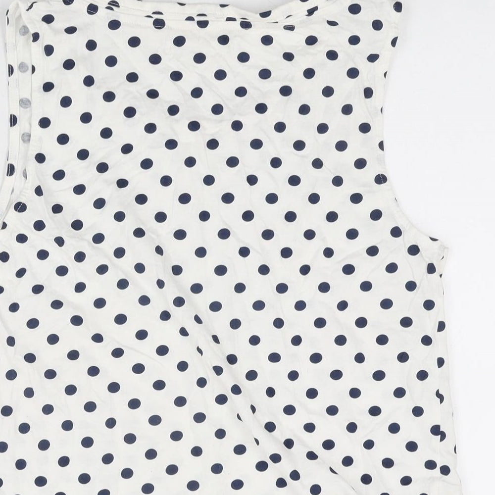 Brand and care label for Sfera women’s white polka dot cotton basic tank, size L, round neck