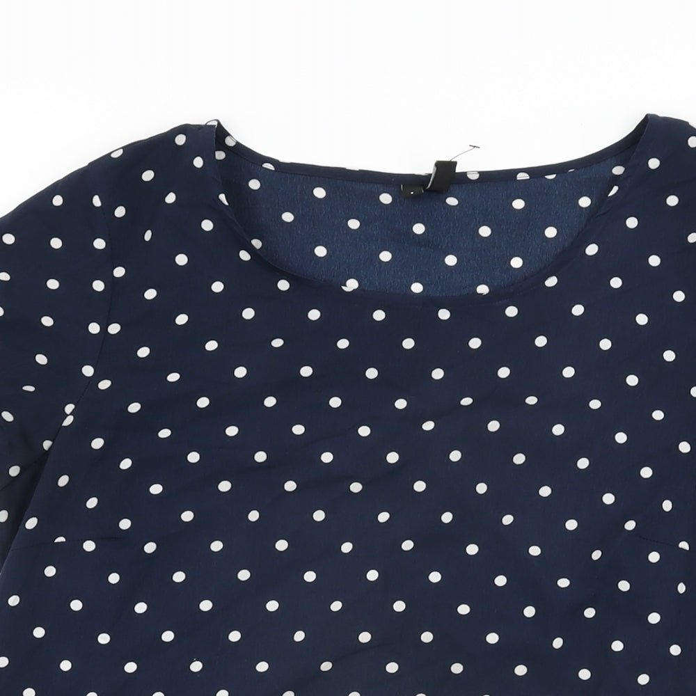 VERO MODA Womens Blue Polka Dot Polyester Basic T-Shirt Size S Round Neck