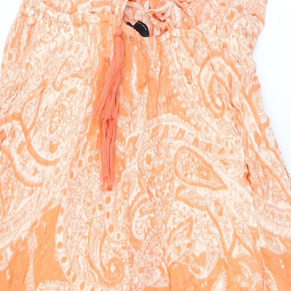 Brand and care label for ASOS women’s orange geometric viscose shift, size UK 6, round neck tie