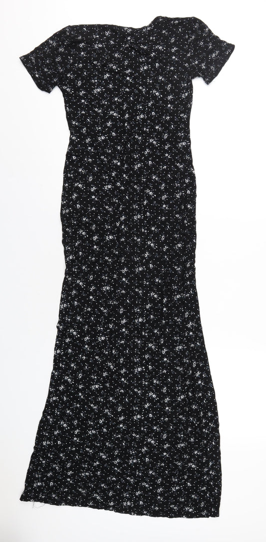 PRETTYLITTLETHING Womens Black Floral Viscose Maxi Size 8 V-Neck Pullover