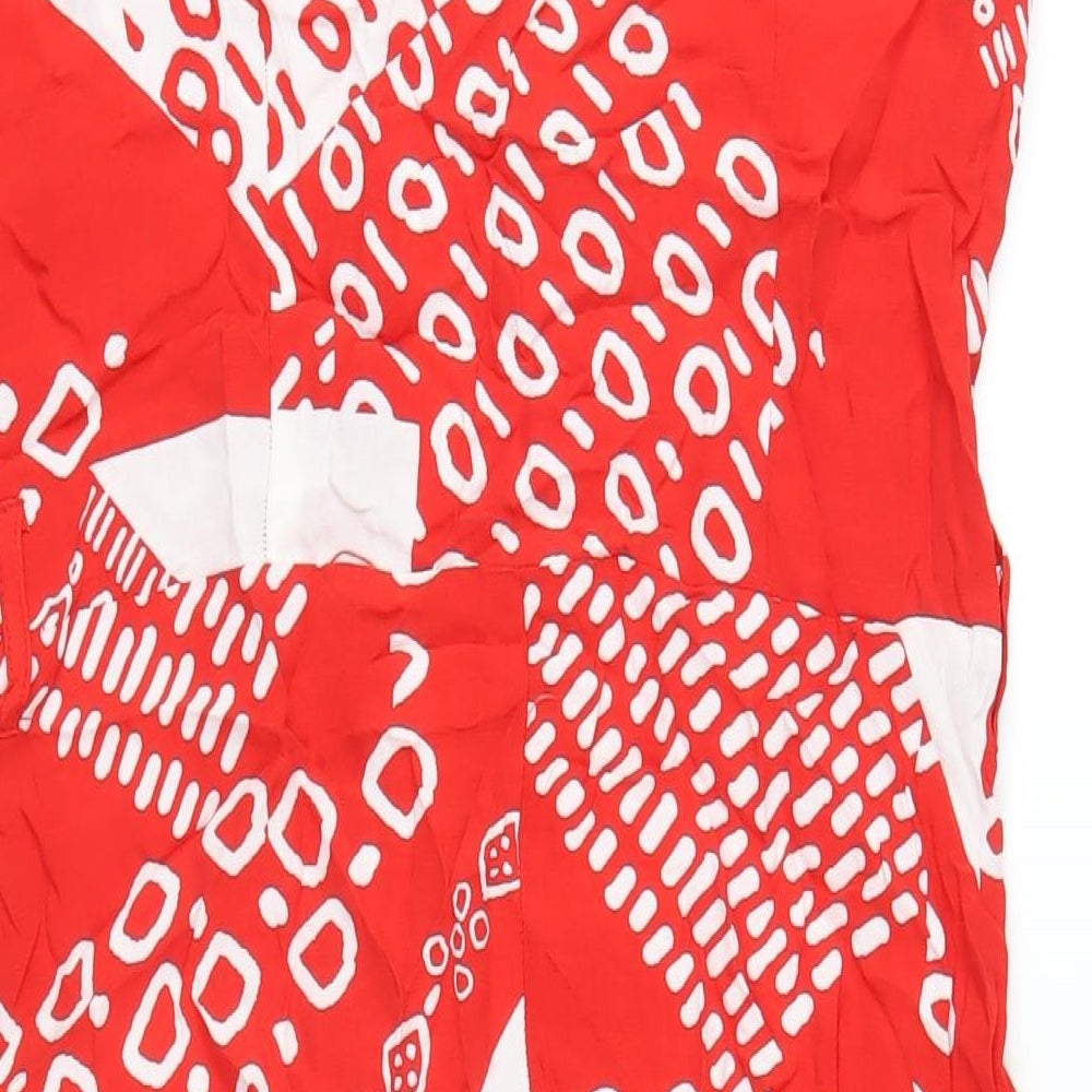 Brand and care label for Principles women’s red geometric viscose a-line, size UK 12, v-neck button