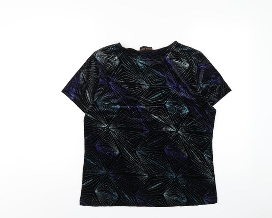 Anna Rose Womens Black Geometric Polyester Basic T-Shirt Size L Round Neck