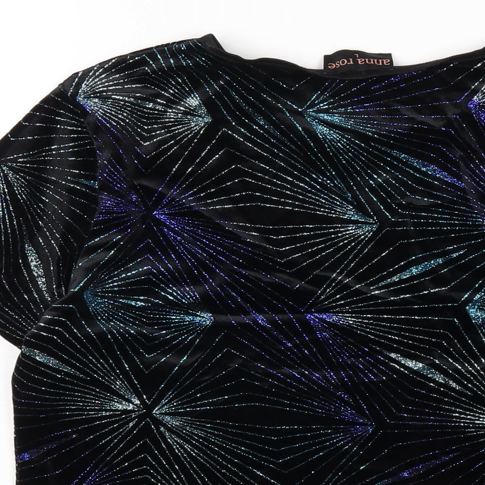 Anna Rose Womens Black Geometric Polyester Basic T-Shirt Size L Round Neck