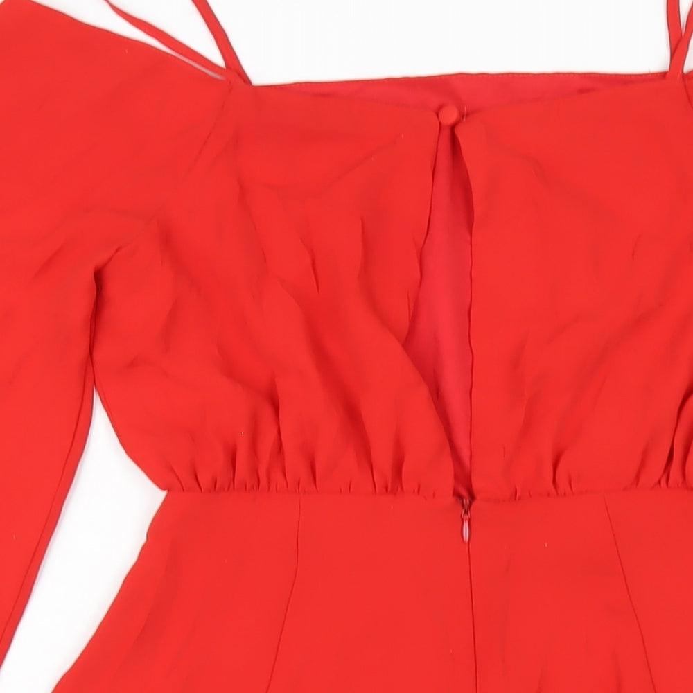 Brand and care label for ASOS women’s red polyester a-line, size UK 8, square neck zip