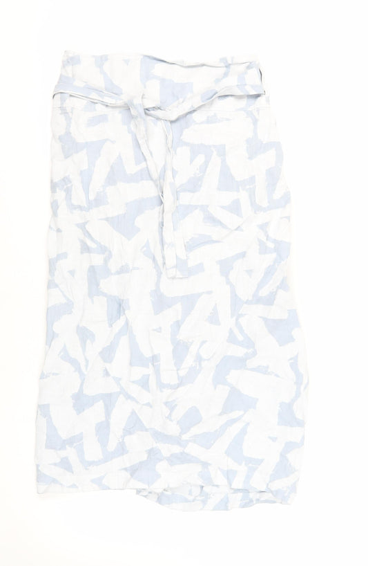 OSKA Womens Blue Geometric Linen Wrap Skirt Size 12 Tie