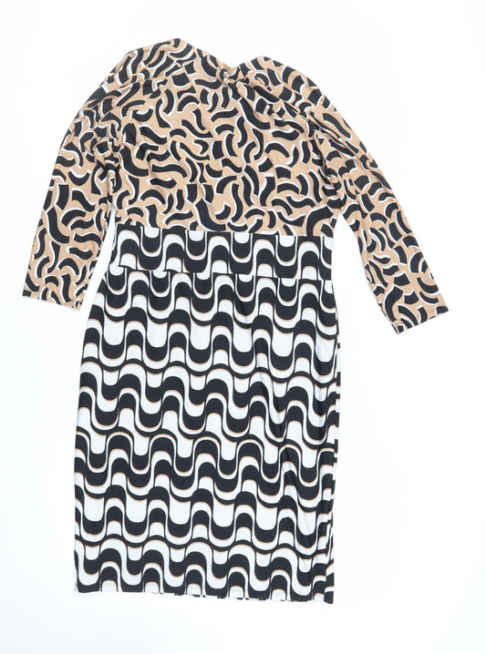 Debenhams Womens Black Geometric Polyester Pencil Dress Size 14 Round Neck Pullover - Keyhole Neckline