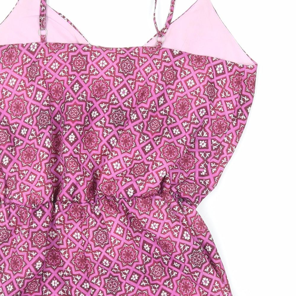 Brand and care label for Missguided women’s pink geometric polyester playsuit one-piece, button - elasticated waist